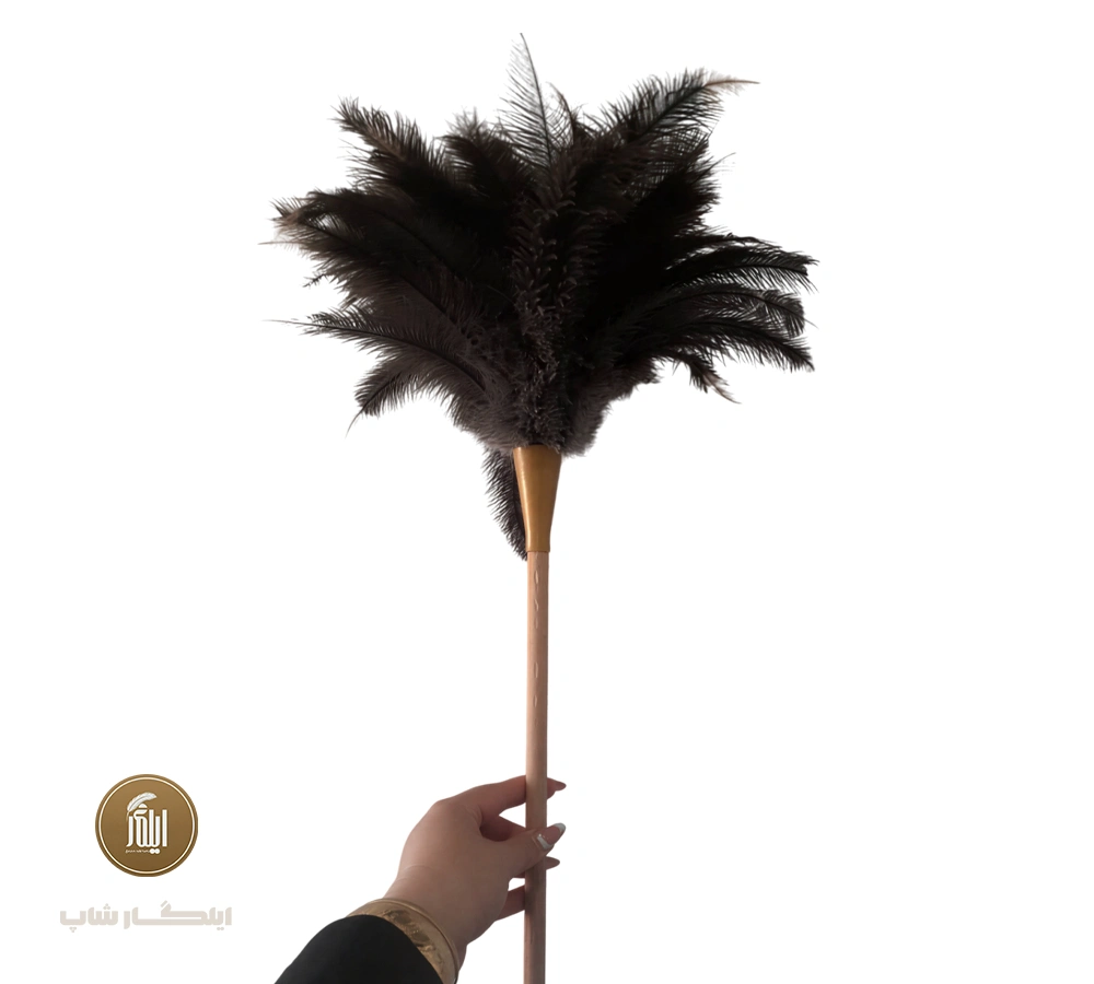 گردگیر با پر سوزنی نوک طلایی شترمرغ با دسته چوبی مدل D119